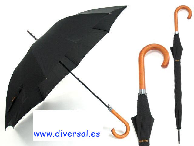 PARAGUAS NEGRO ANTIVIENTO MANGO MADERA